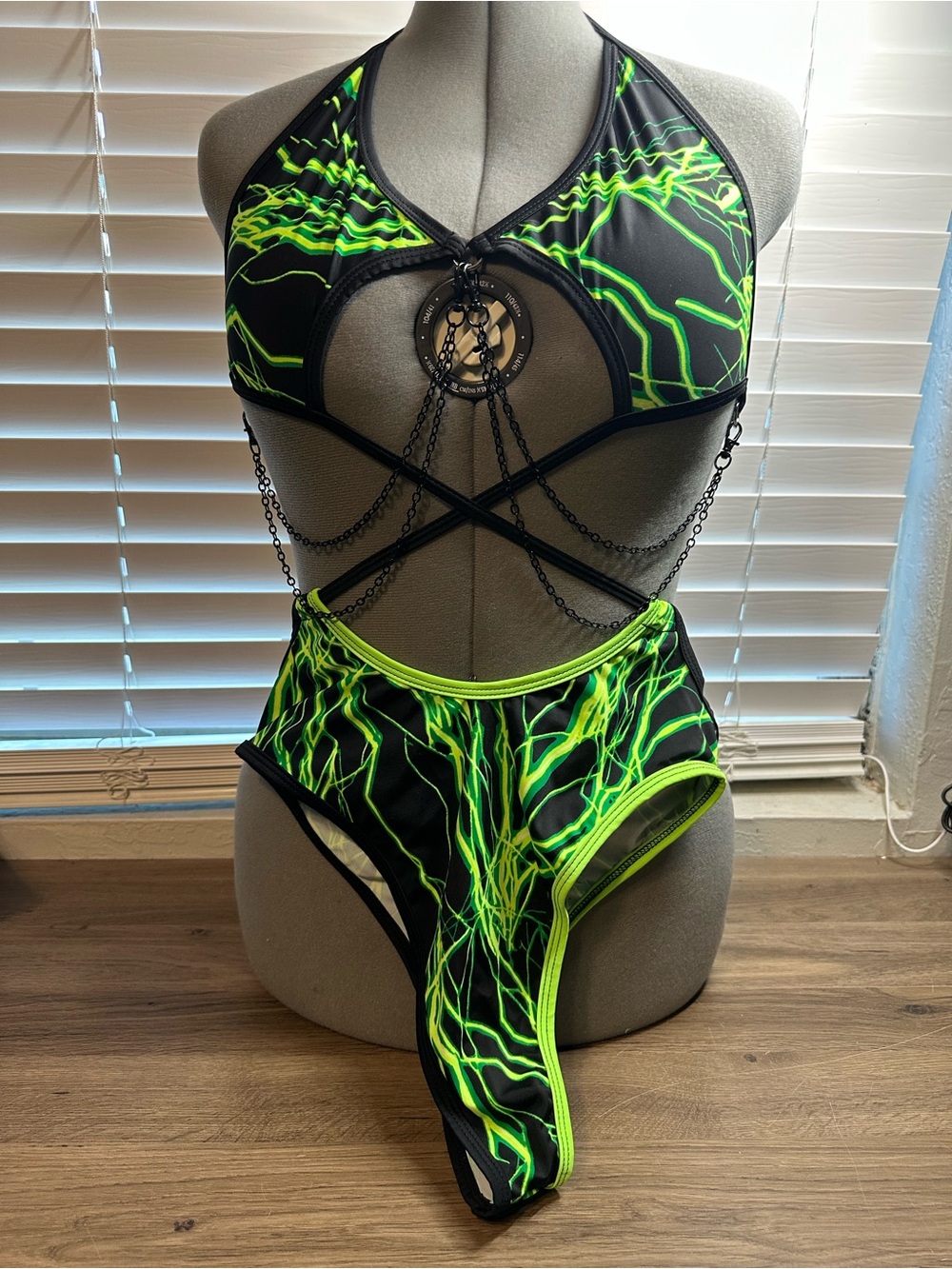 Neon Green Lightning Strappy Bodysuit